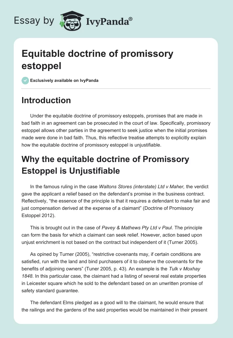 Equitable doctrine of promissory estoppel. Page 1