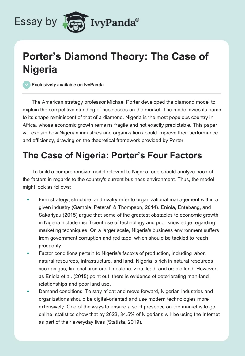 Porter’s Diamond Theory: The Case of Nigeria. Page 1