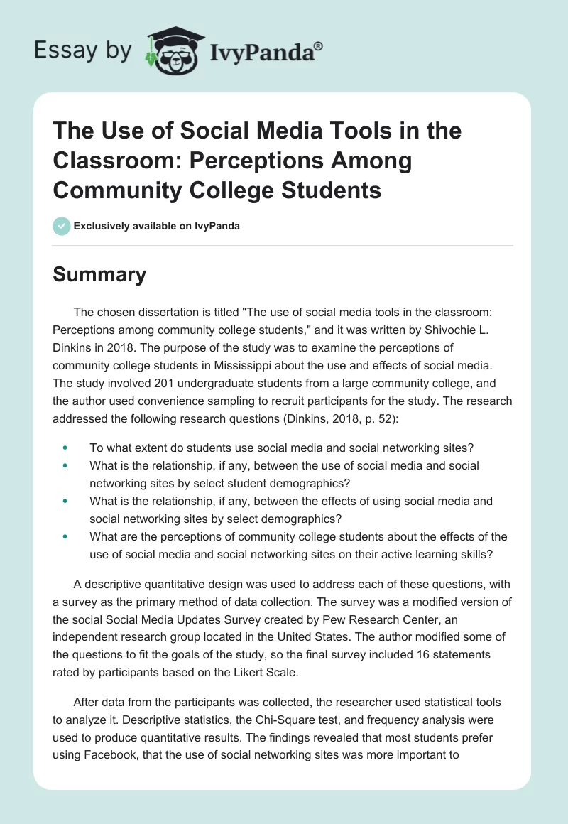 The Use of Social Media Tools in the Classroom: Perceptions Among Community College Students. Page 1