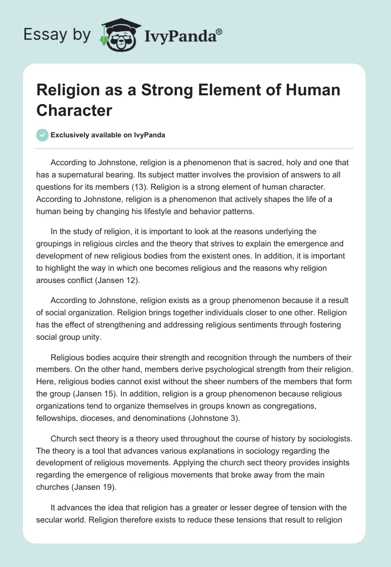 Religion as a Strong Element of Human Character. Page 1