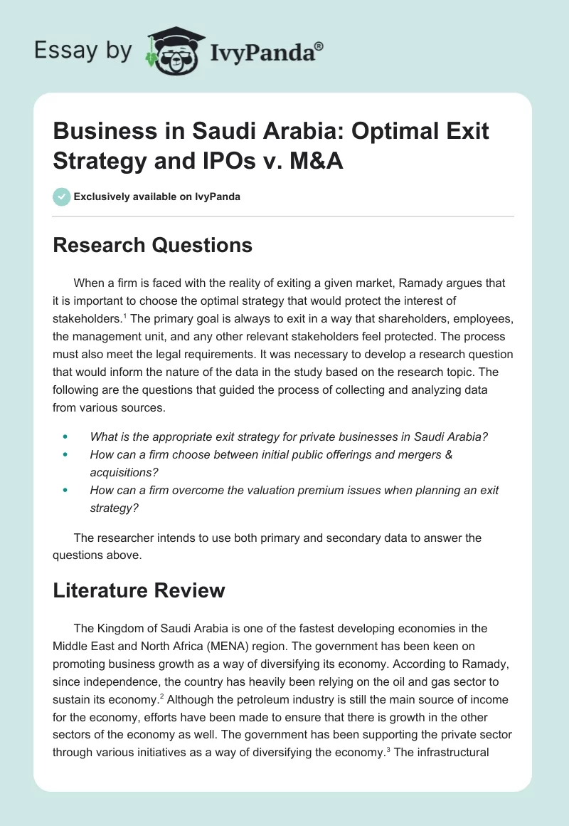 Business in Saudi Arabia: Optimal Exit Strategy and IPOs vs. M&A. Page 1