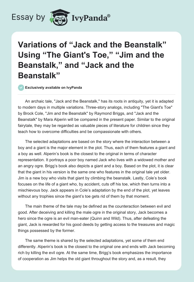 Variations of “Jack and the Beanstalk” Using “The Giant's Toe,” “Jim and the Beanstalk,” and “Jack and the Beanstalk”. Page 1