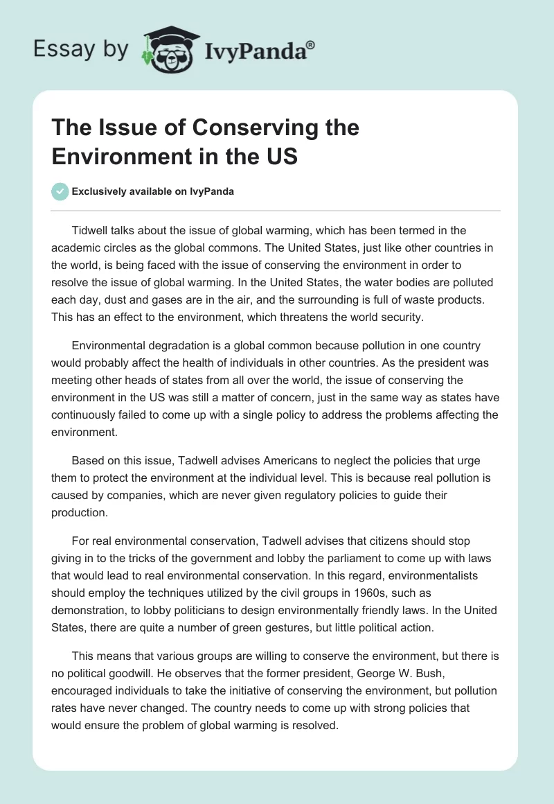 The Issue of Conserving the Environment in the US. Page 1