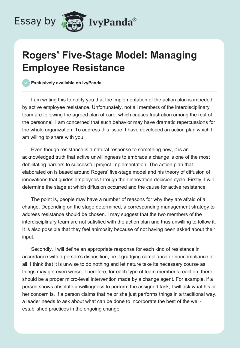 Rogers’ Five-Stage Model: Managing Employee Resistance. Page 1