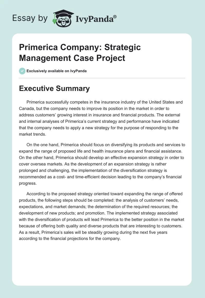 Primerica Company: Strategic Management Case Project. Page 1