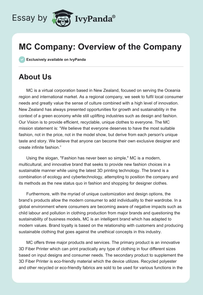MC Company: Overview of the Company. Page 1