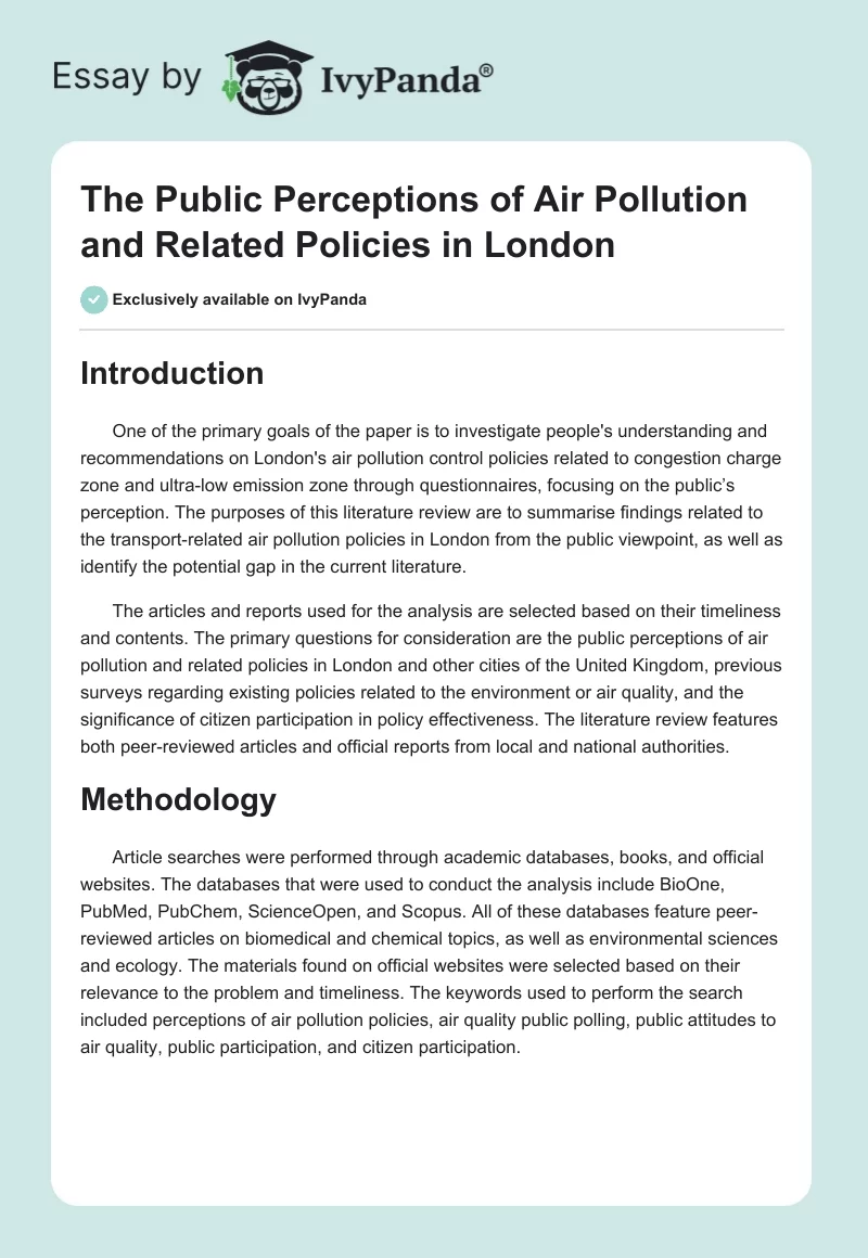 The Public Perceptions of Air Pollution and Related Policies in London. Page 1