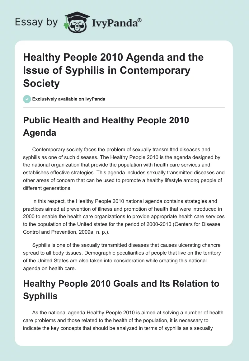 Healthy People 2010 Agenda and the Issue of Syphilis in Contemporary Society. Page 1