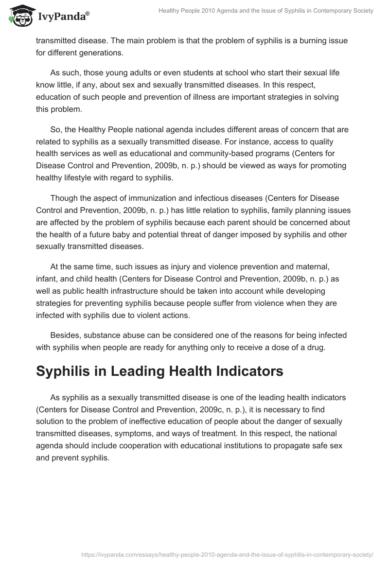 Healthy People 2010 Agenda and the Issue of Syphilis in Contemporary Society. Page 2