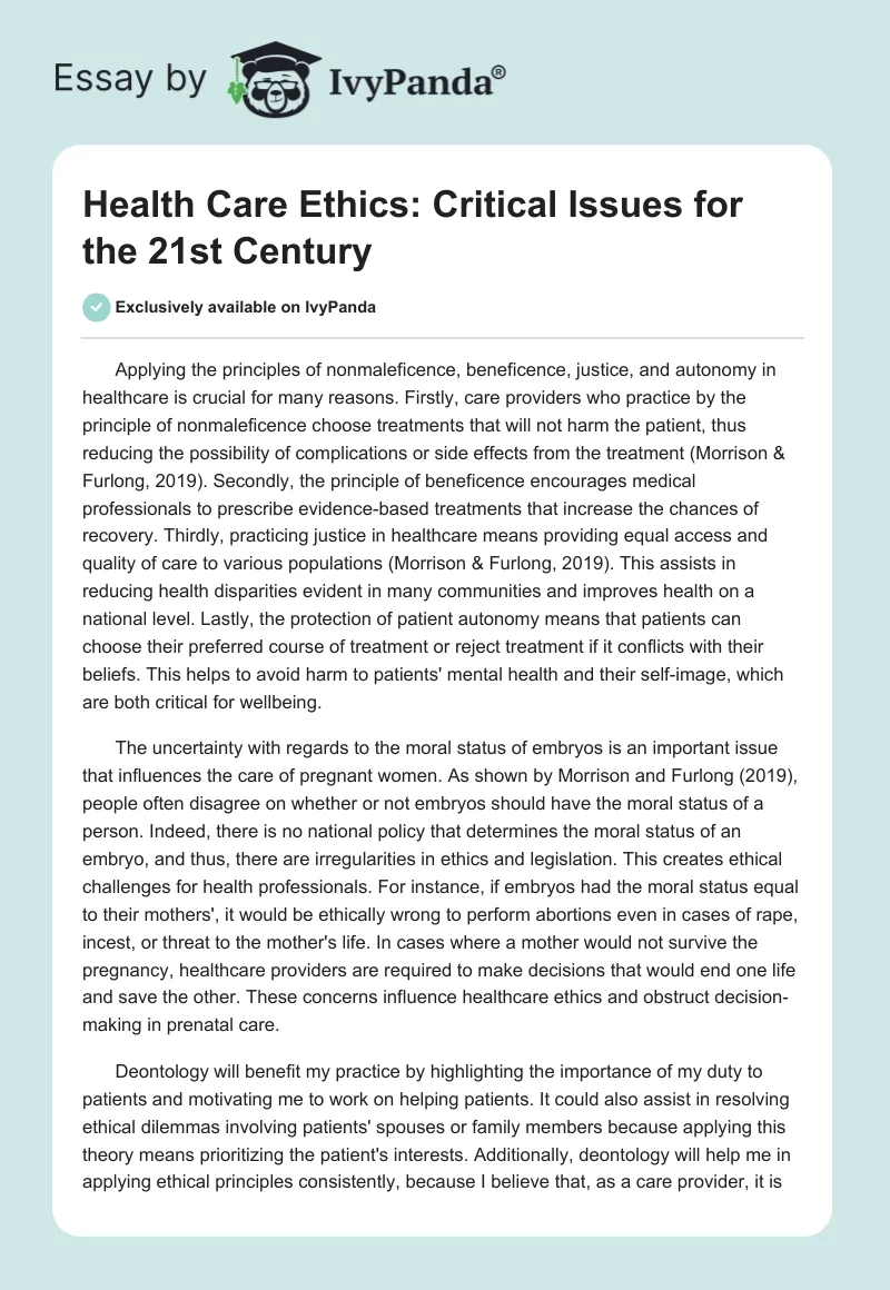 Health Care Ethics: Critical Issues for the 21st Century. Page 1
