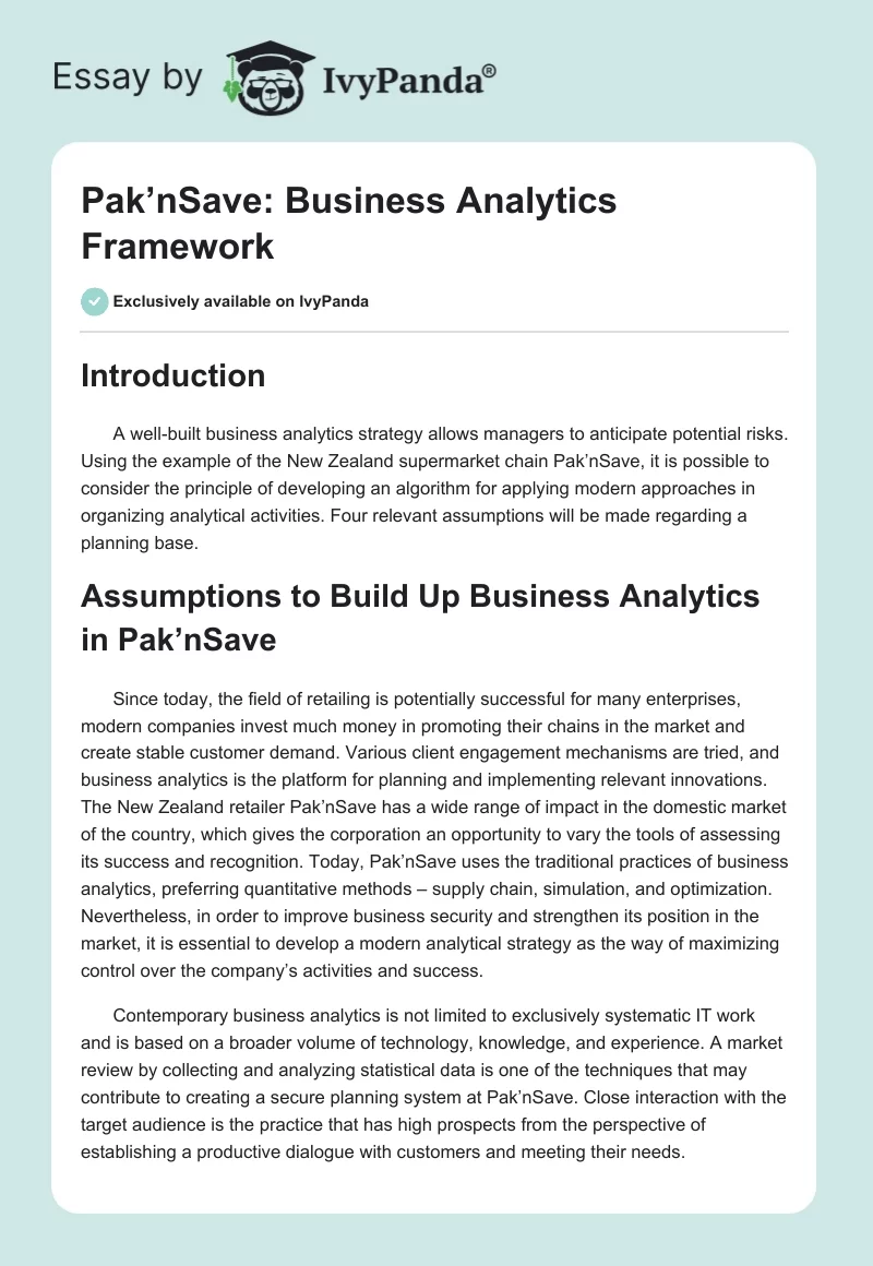 Pak’nSave: Business Analytics Framework. Page 1