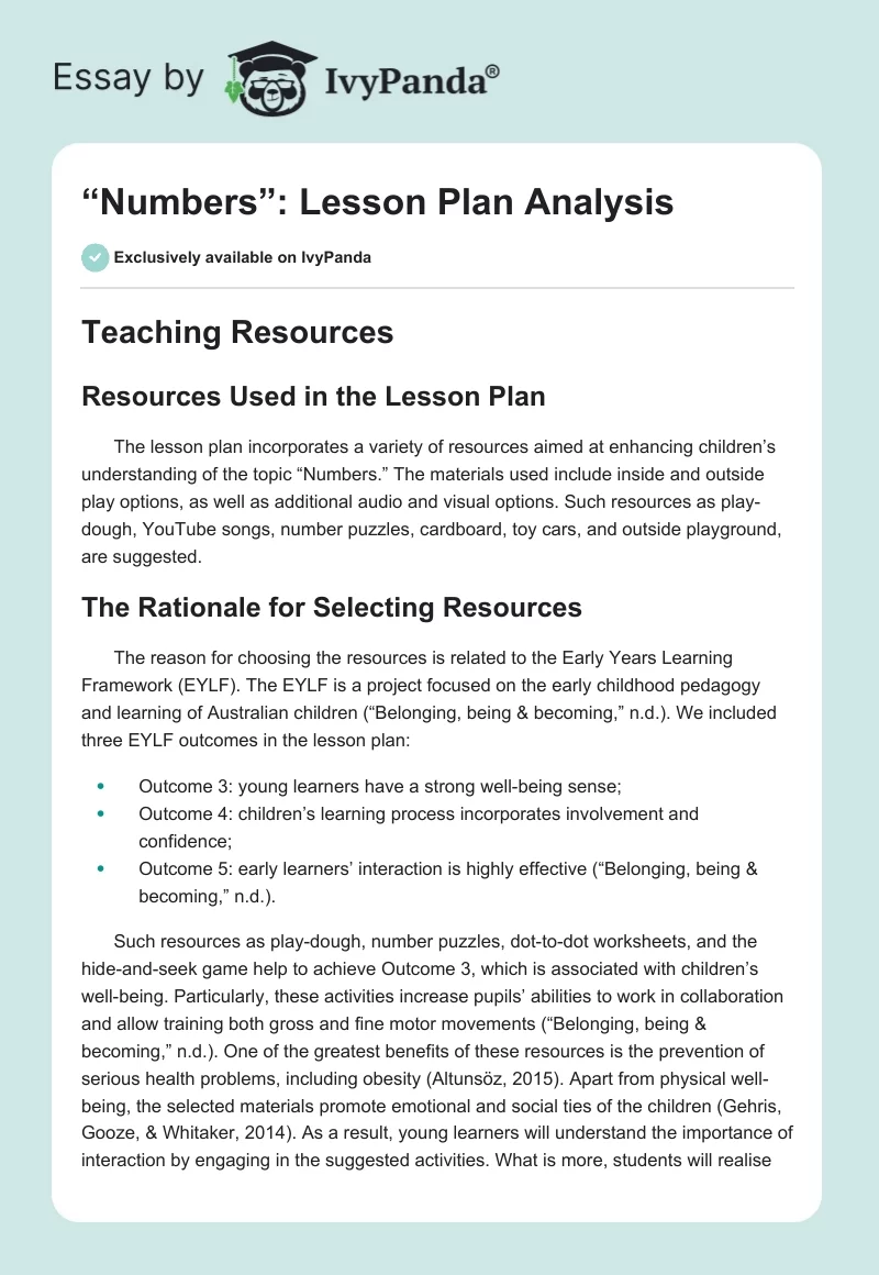 “Numbers”: Lesson Plan Analysis. Page 1
