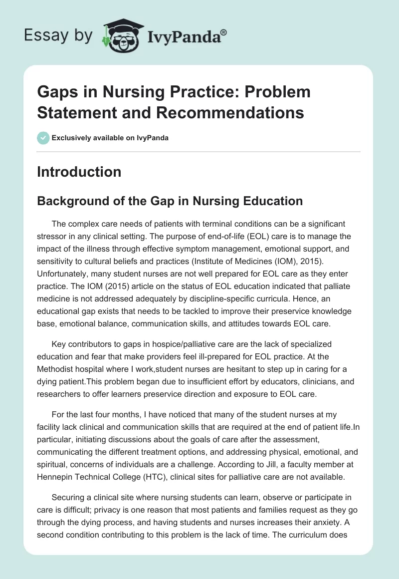 Gaps in Nursing Practice: Problem Statement and Recommendations. Page 1