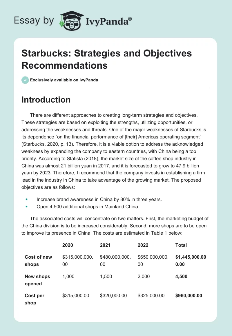 Starbucks: Strategies and Objectives Recommendations. Page 1