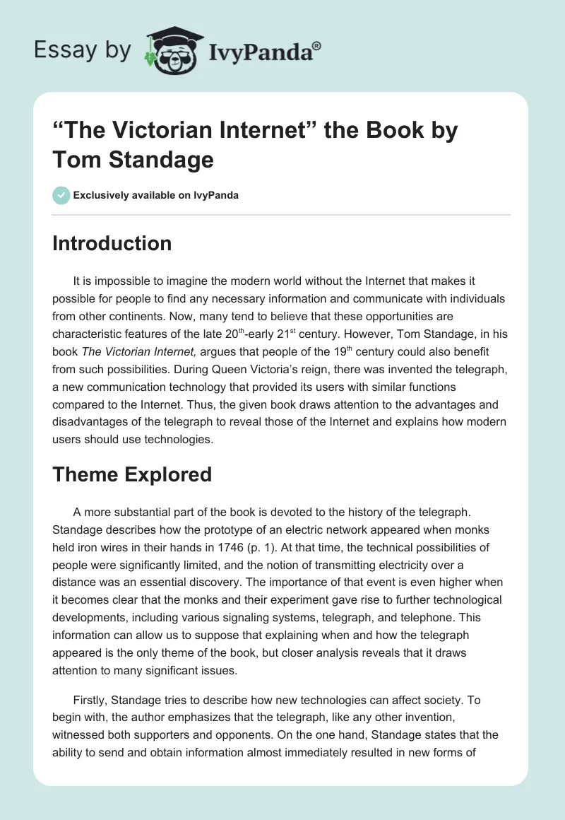 “The Victorian Internet” the Book by Tom Standage. Page 1