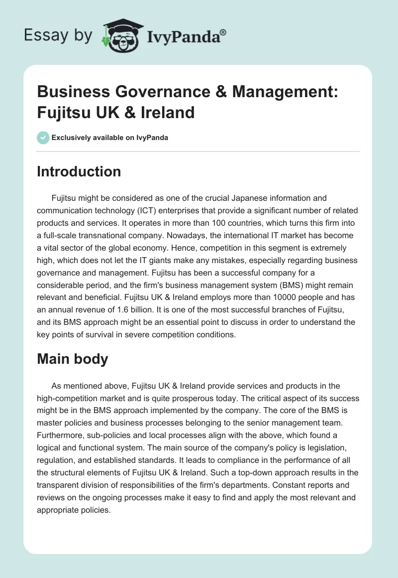 Business Governance & Management: Fujitsu UK & Ireland. Page 1