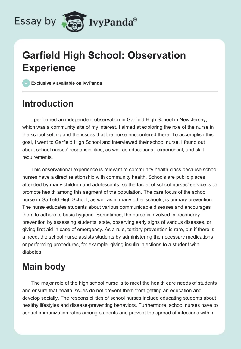 Garfield High School: Observation Experience. Page 1