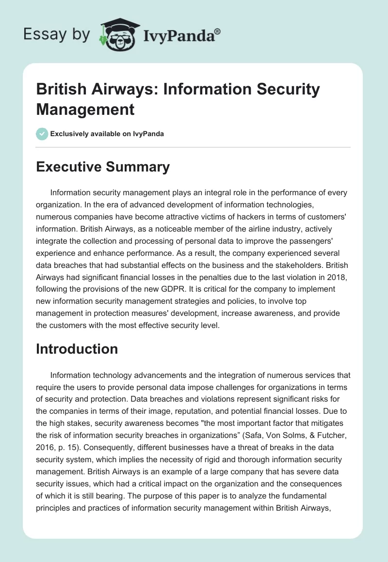British Airways: Information Security Management. Page 1