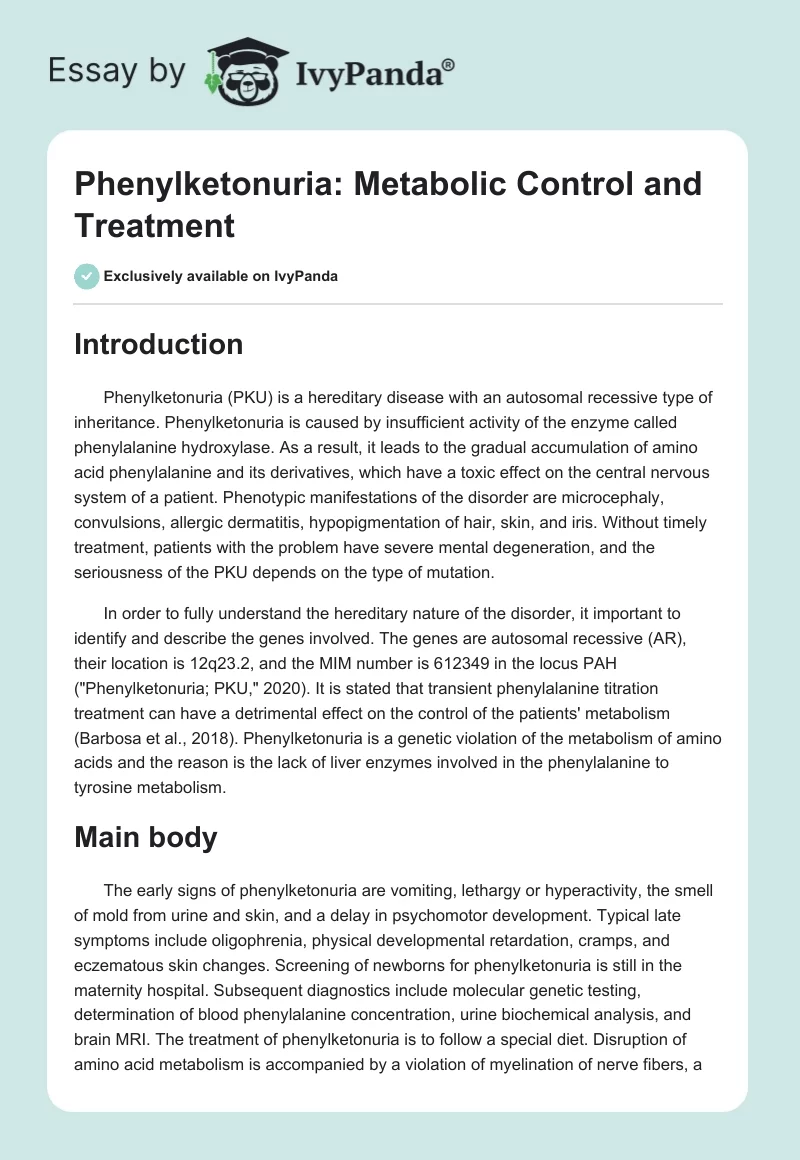 Phenylketonuria: Metabolic Control and Treatment. Page 1