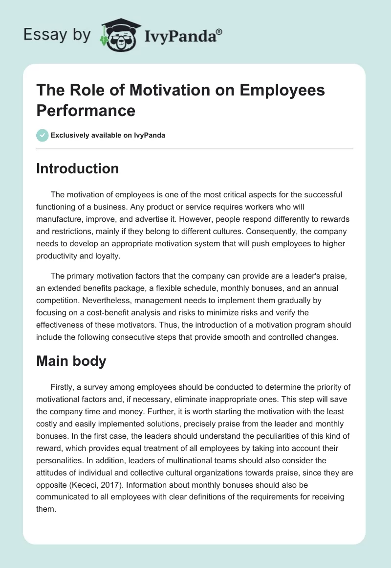 The Role of Motivation on Employees Performance. Page 1