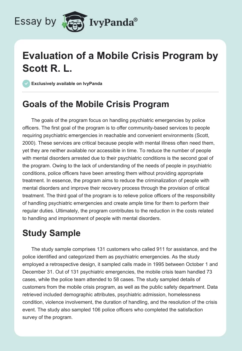 "Evaluation of a Mobile Crisis Program" by Scott R. L.. Page 1