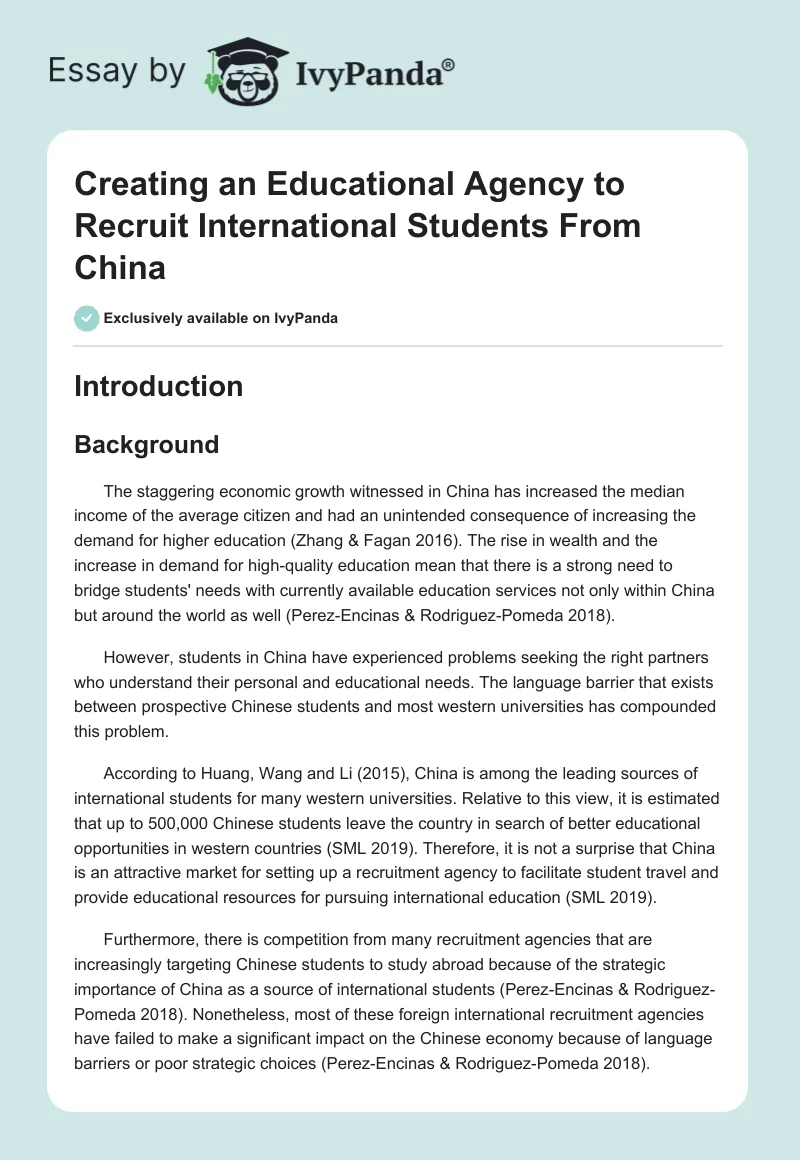 Creating an Educational Agency to Recruit International Students From China. Page 1