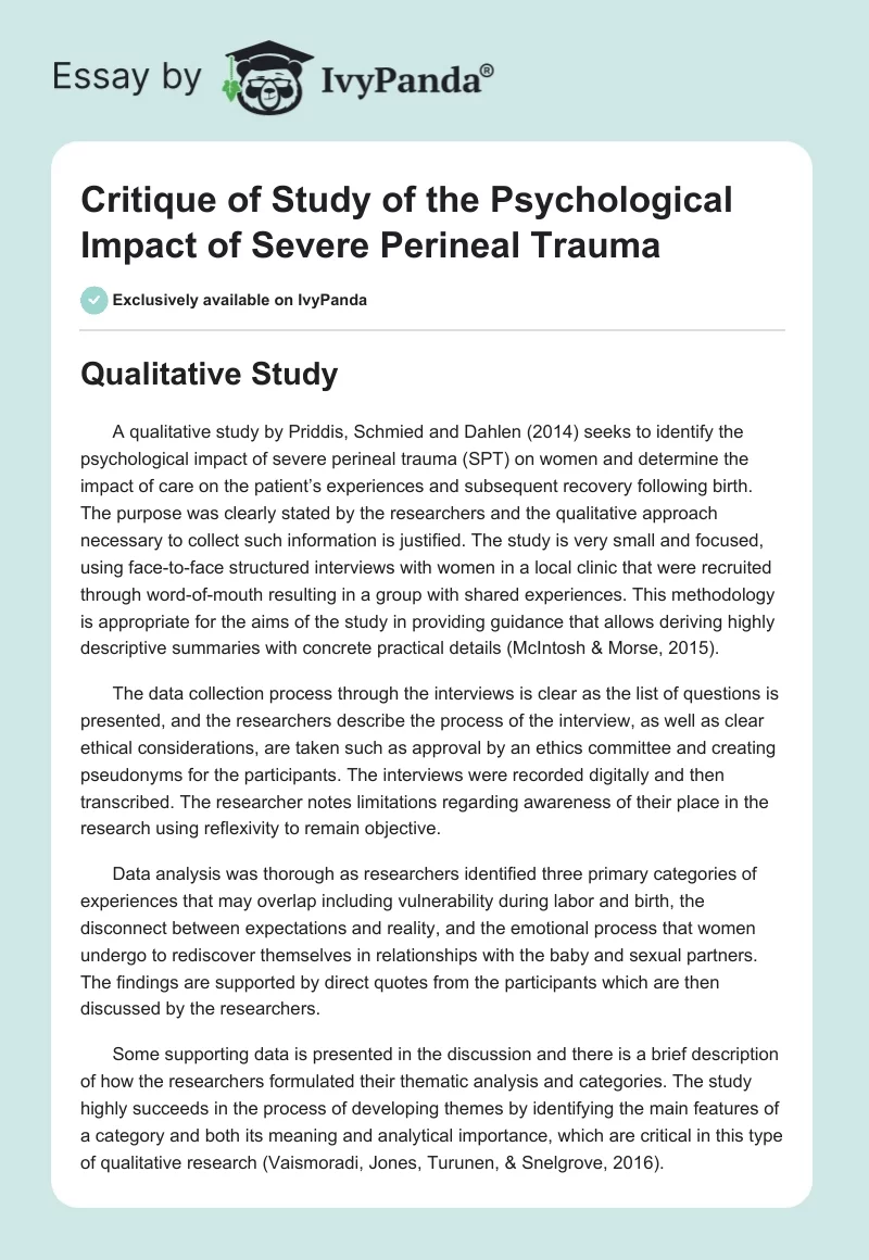 Critique of Study of the Psychological Impact of Severe Perineal Trauma. Page 1