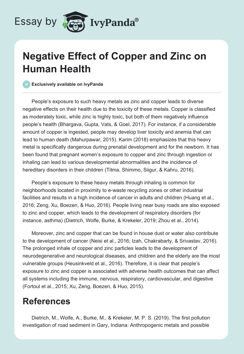 Negative Effect of Copper and Zinc on Human Health. Page 1