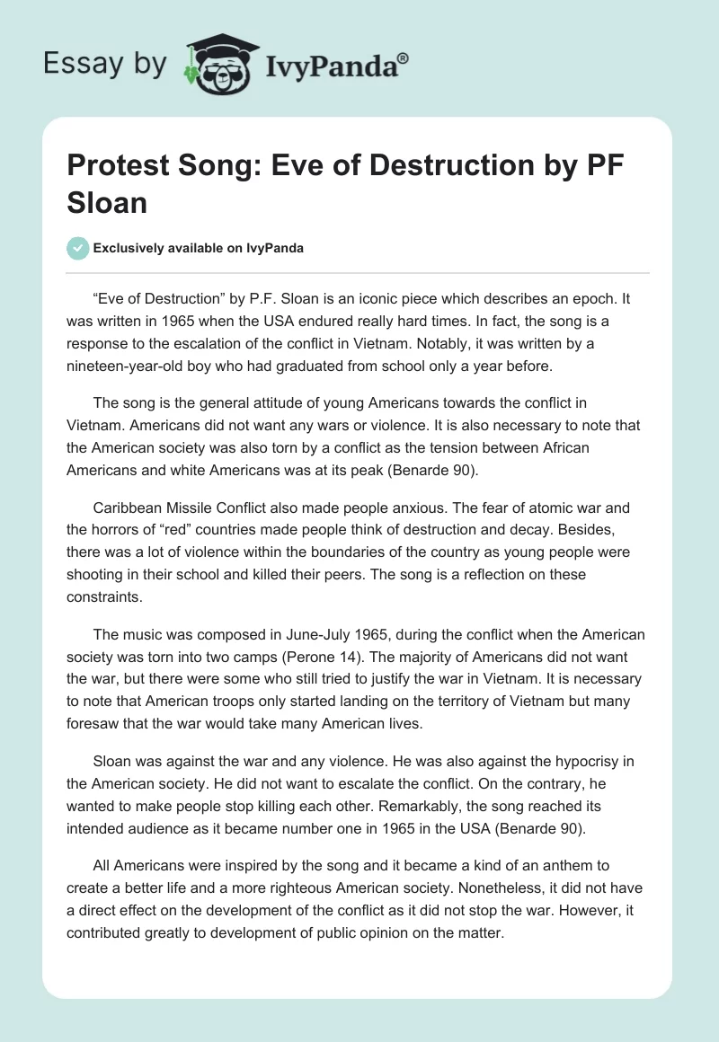 Protest Song: "Eve of Destruction" by PF Sloan. Page 1