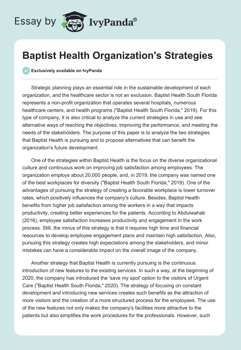 Baptist Health Organization's Strategies. Page 1