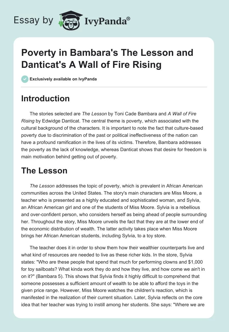 Poverty in Bambara's The Lesson and Danticat's A Wall of Fire Rising. Page 1