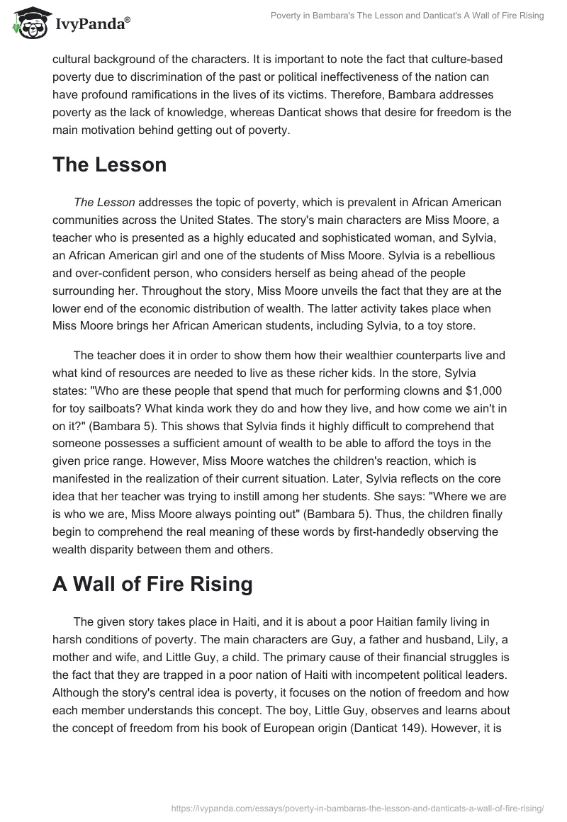 Poverty in Bambara's The Lesson and Danticat's A Wall of Fire Rising. Page 4