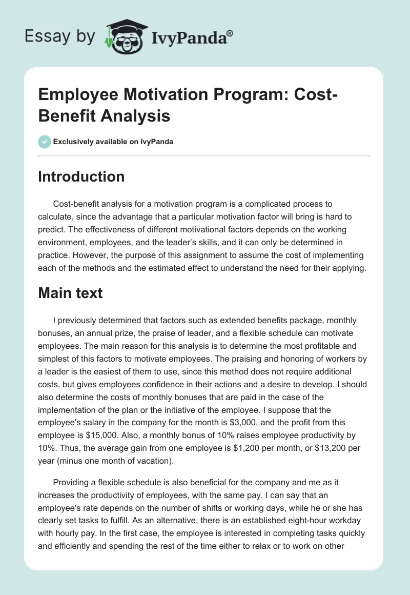 Employee Motivation Program: Cost-Benefit Analysis. Page 1