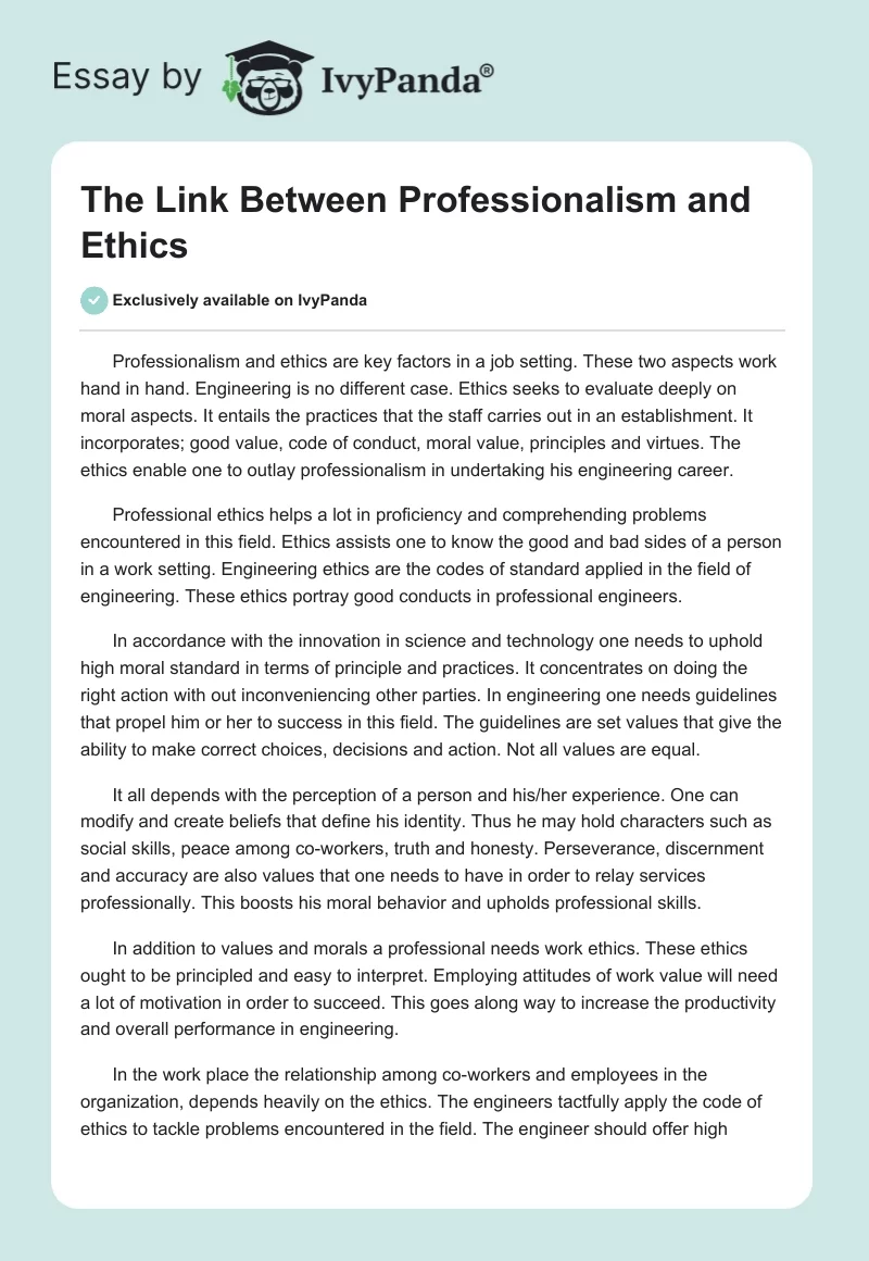 The Link Between Professionalism and Ethics. Page 1