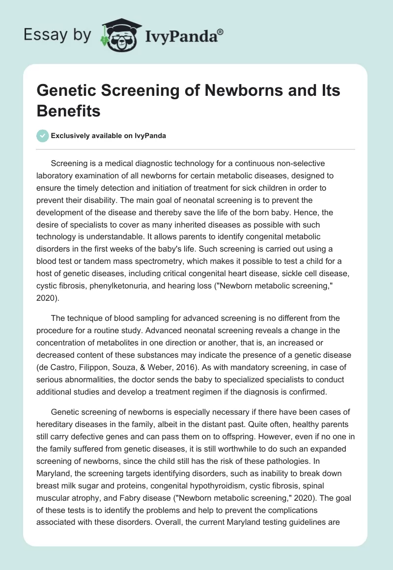 Genetic Screening of Newborns and Its Benefits. Page 1