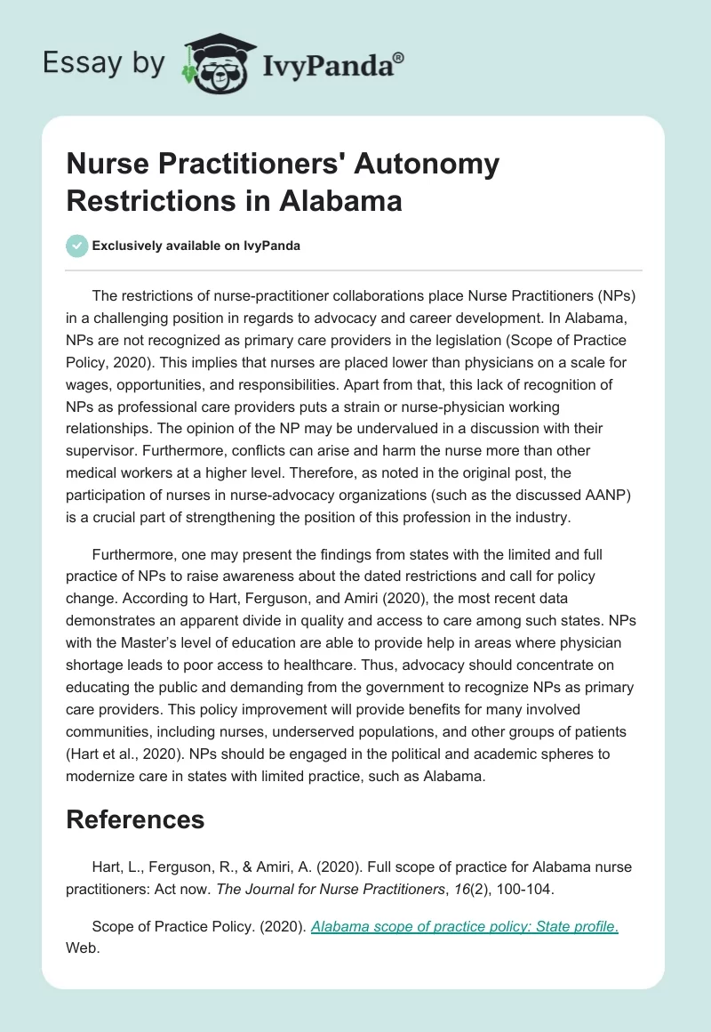 Nurse Practitioners' Autonomy Restrictions in Alabama. Page 1