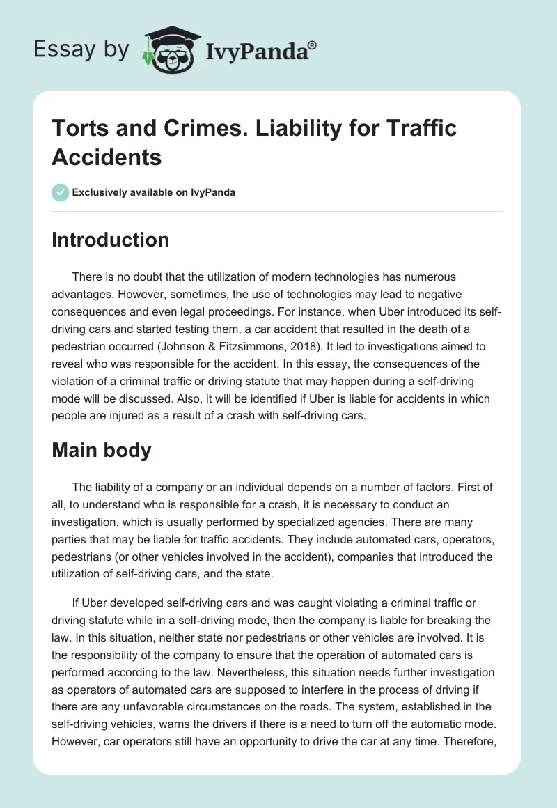 Torts and Crimes. Liability for Traffic Accidents. Page 1