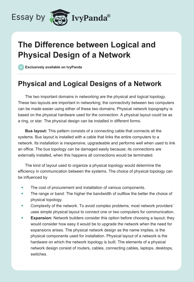 The Difference between Logical and Physical Design of a Network. Page 1