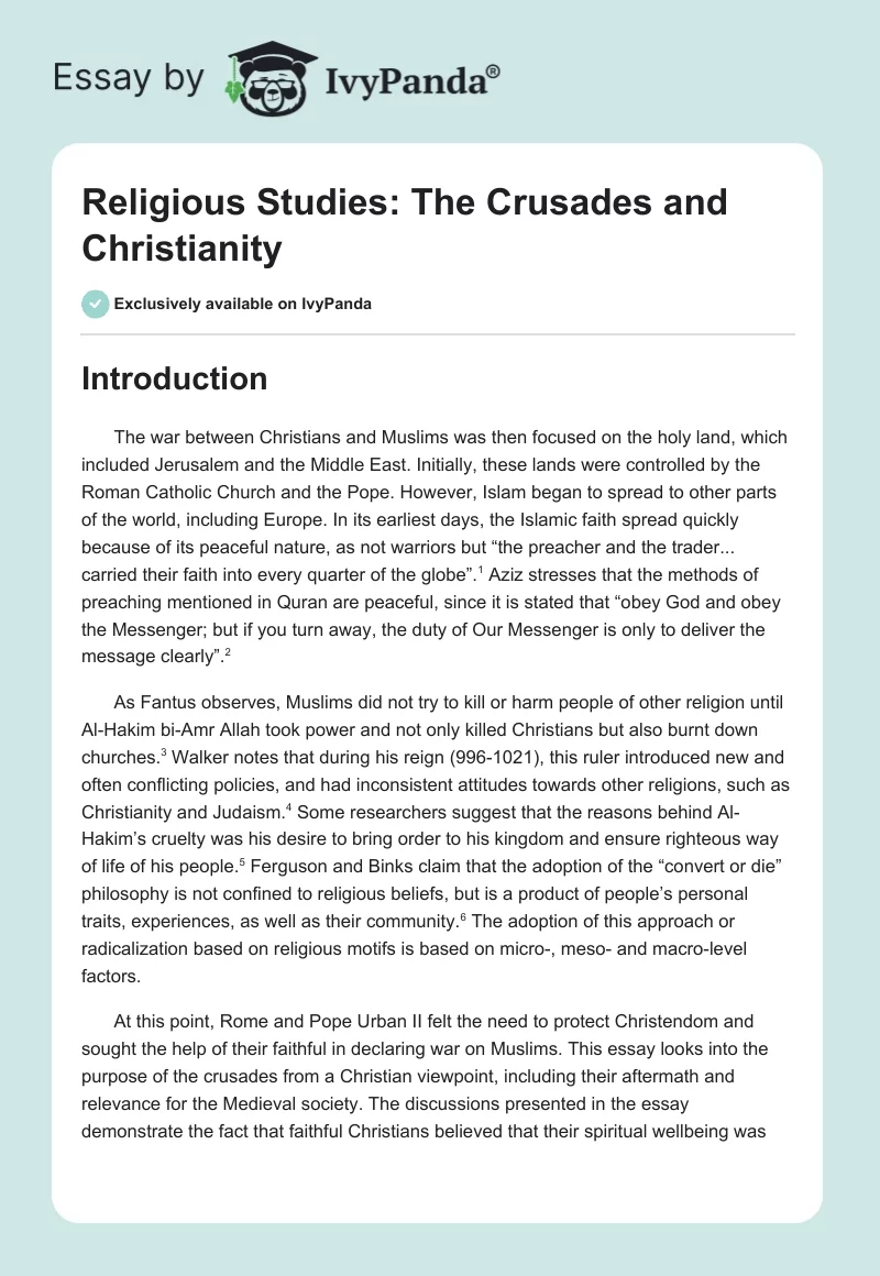 Religious Studies: The Crusades and Christianity. Page 1