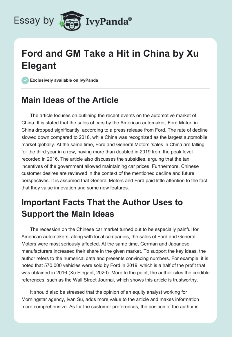 "Ford and GM Take a Hit in China" by Xu Elegant. Page 1