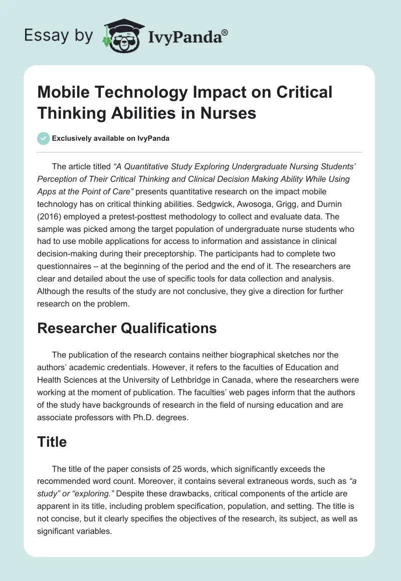 Mobile Technology Impact on Critical Thinking Abilities in Nurses. Page 1