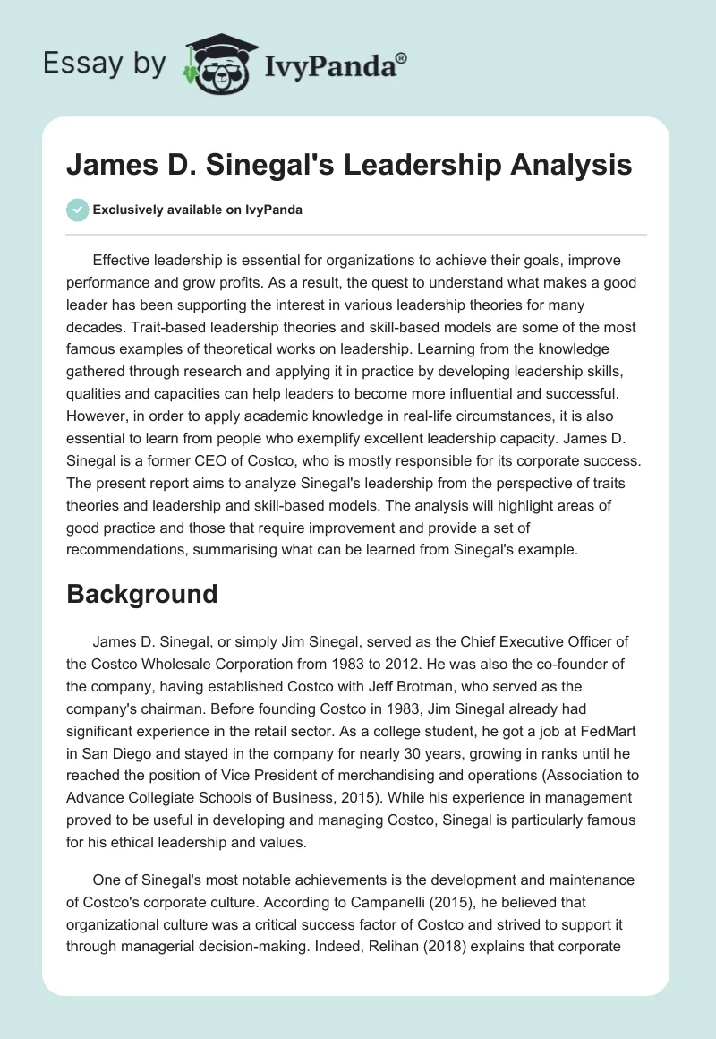 James D. Sinegal's Leadership Analysis. Page 1