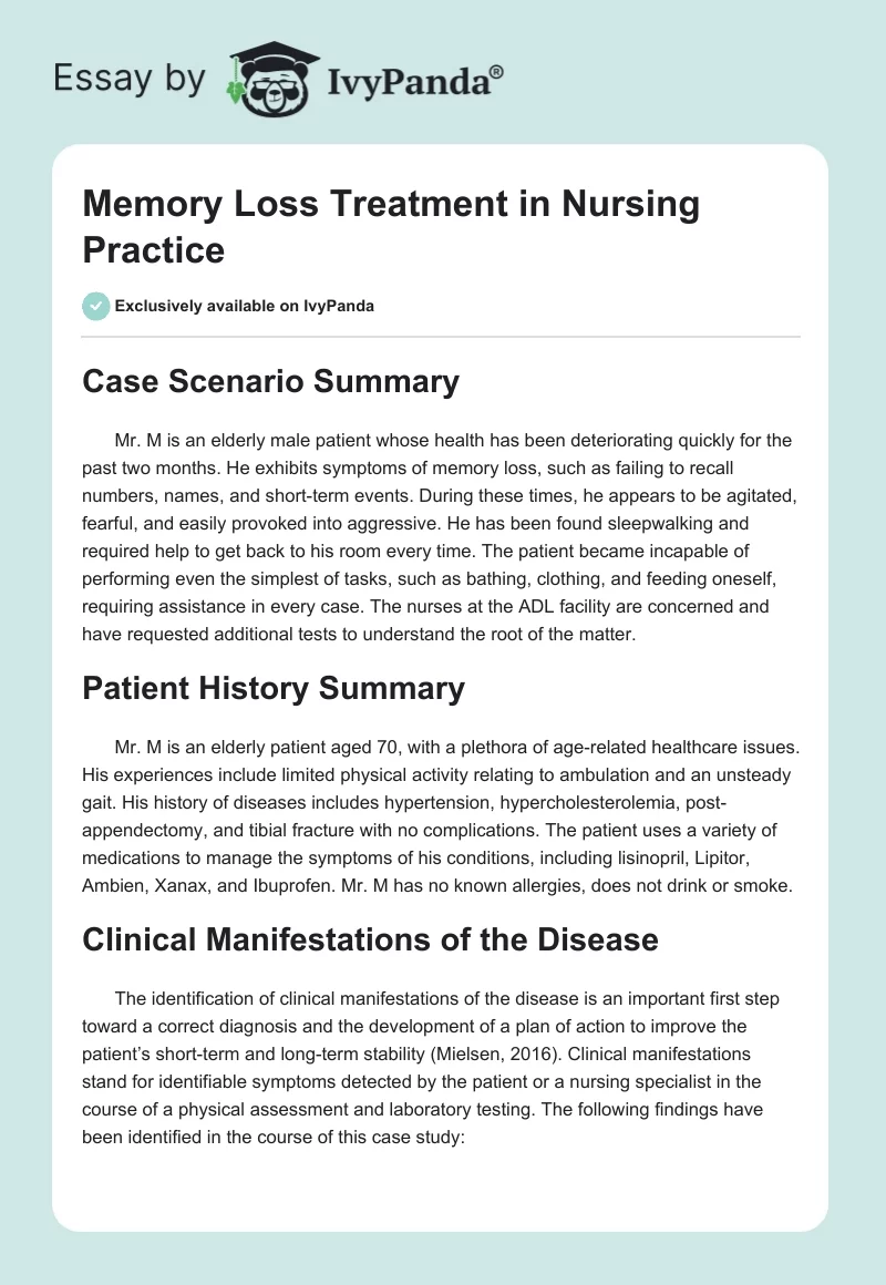 Memory Loss Treatment in Nursing Practice. Page 1