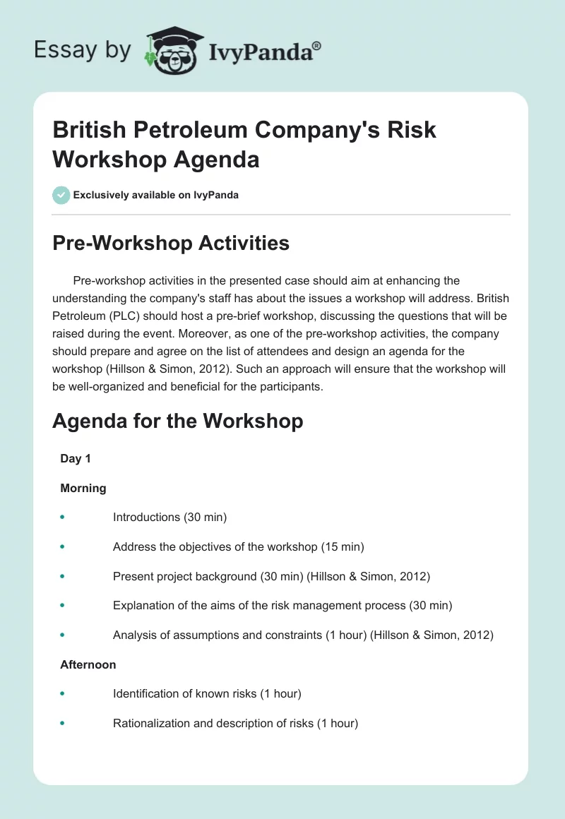 British Petroleum Company's Risk Workshop Agenda. Page 1