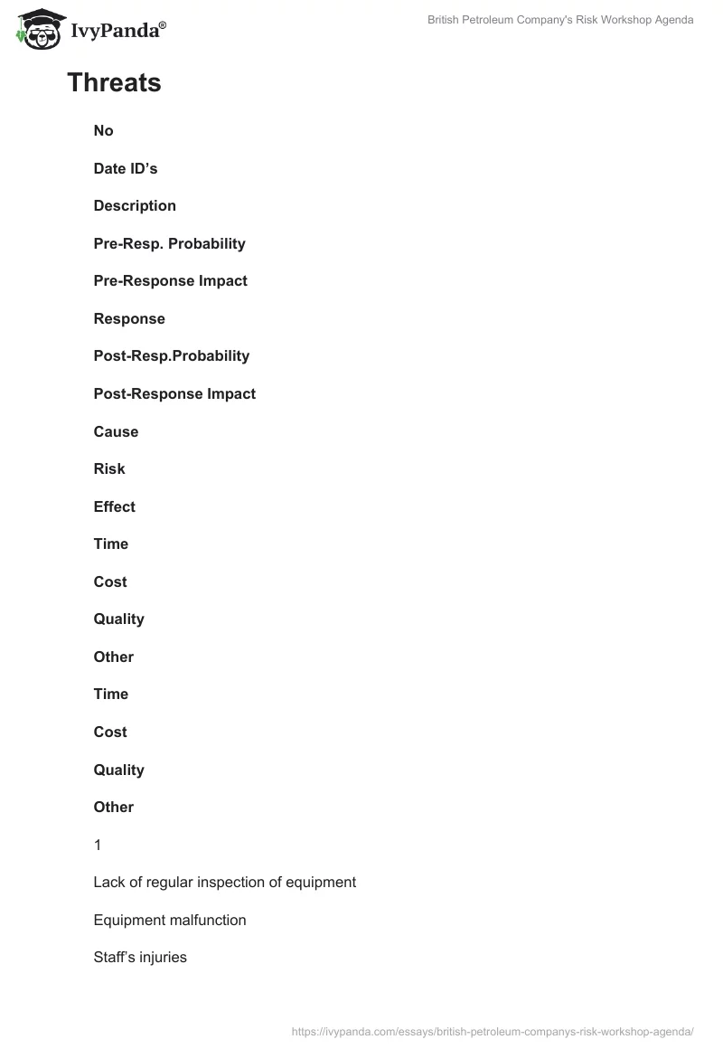 British Petroleum Company's Risk Workshop Agenda. Page 3