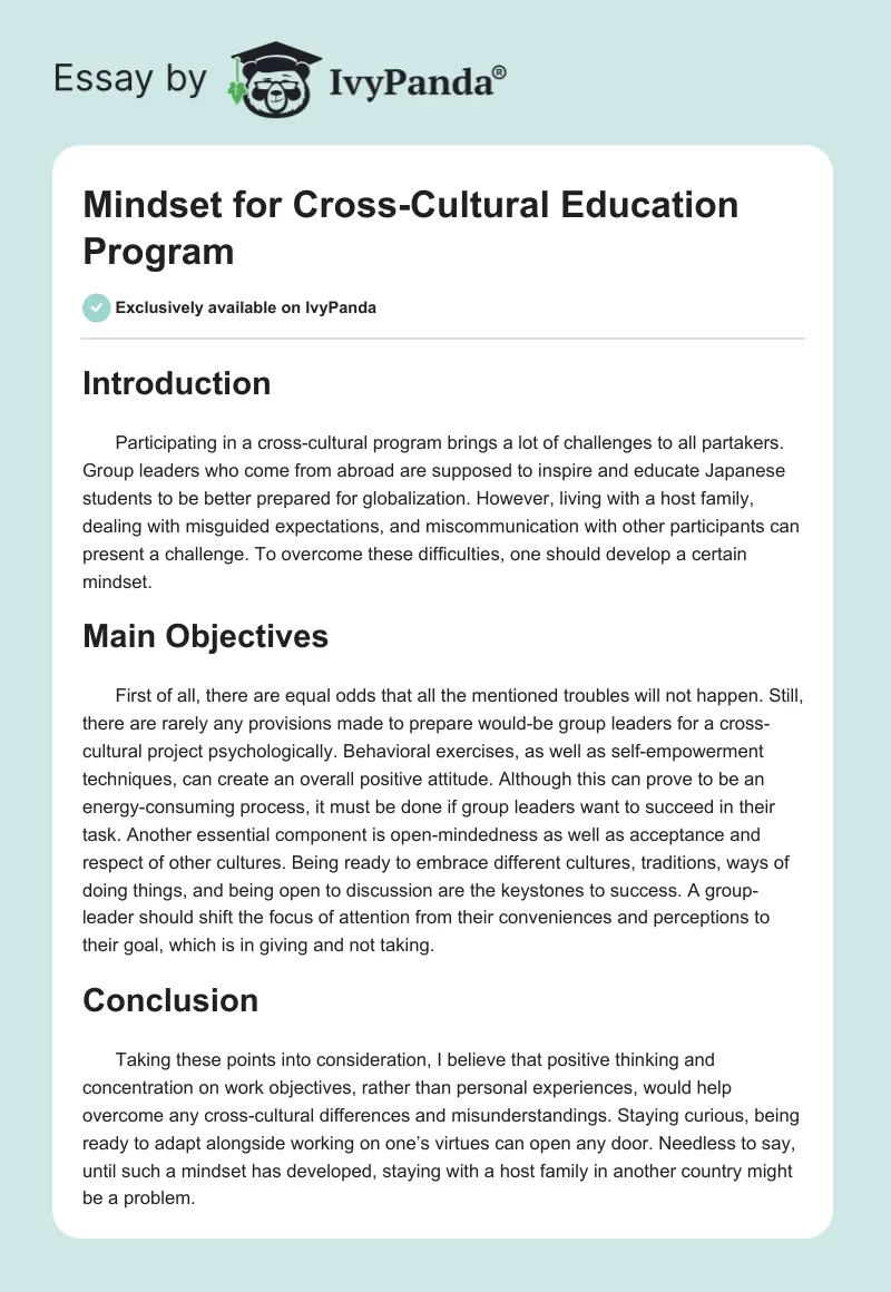 Mindset for Cross-Cultural Education Program. Page 1