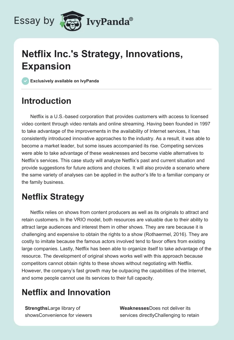 Netflix Inc.'s Strategy, Innovations, Expansion. Page 1