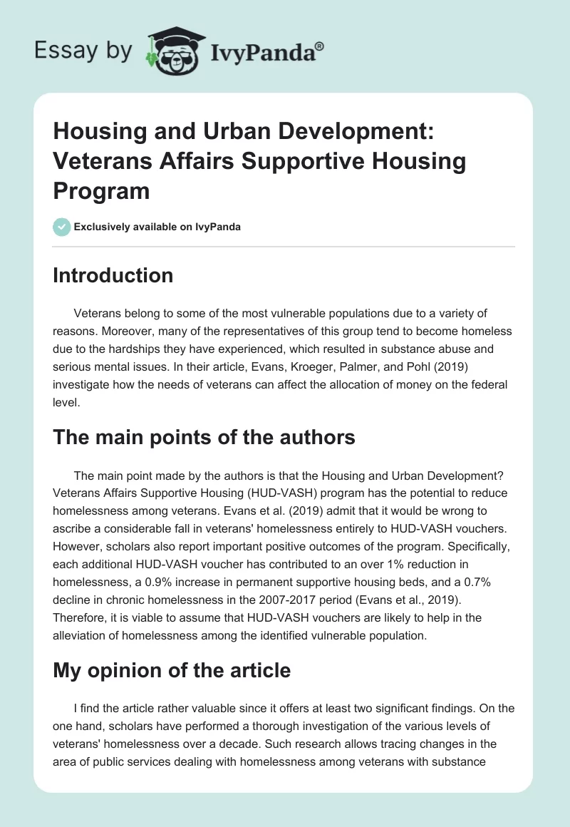 Housing and Urban Development: Veterans Affairs Supportive Housing Program. Page 1