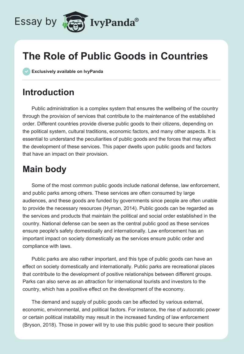The Role of Public Goods in Countries. Page 1