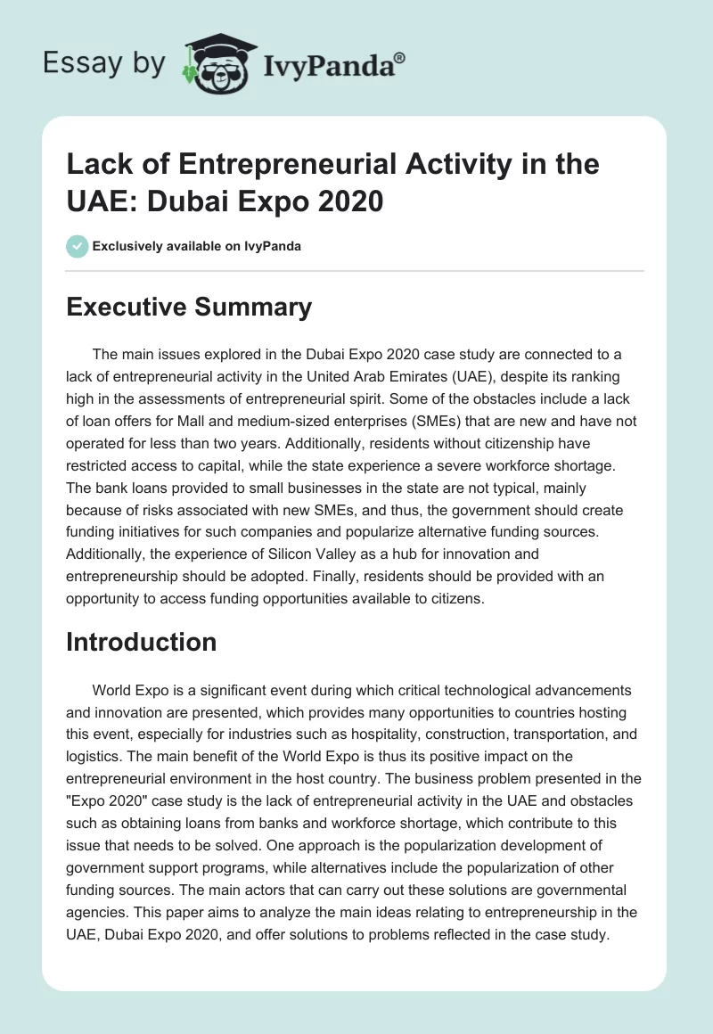Lack of Entrepreneurial Activity in the UAE: Dubai Expo 2020. Page 1